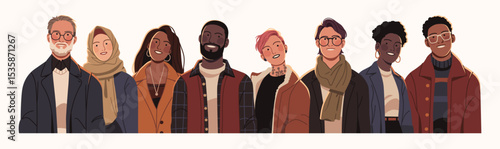 Flat illustration of a diverse group of young adults in modern clothing, representing unity, inclusivity, and individuality across cultures and styles.
