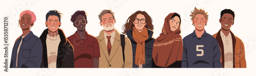 Flat illustration of a diverse group of young adults in modern clothing, representing unity, inclusivity, and individuality across cultures and styles.