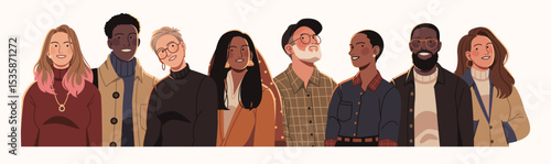 Flat illustration of a diverse group of young adults in modern clothing, representing unity, inclusivity, and individuality across cultures and styles.