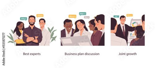Flat illustrations of professionals in team collaboration, planning discussions, and presenting growth strategies for business success.