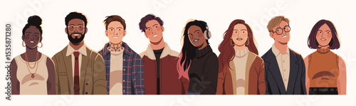 Flat illustration of a diverse group of young adults in modern clothing, representing unity, inclusivity, and individuality across cultures and styles.
