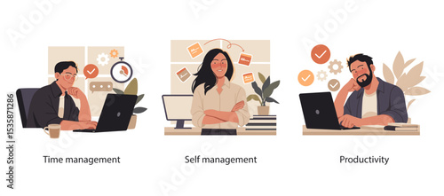 Flat illustrations showing professionals managing time, improving productivity, and staying organized through effective self-management techniques and tools.