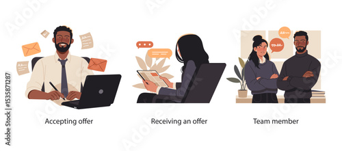 Flat illustrations showing professionals receiving and accepting job offers, and new team members joining the workplace environment with confidence.