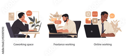 Flat illustrations showing professionals working in coworking spaces, freelancing remotely, and engaging in digital online tasks using laptops.
