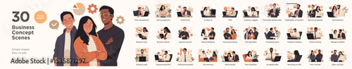 A bundle of 30 editable flat illustrations showing key business scenes, including productivity, teamwork, communication, hiring, and remote work concepts.