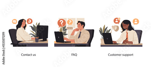 Flat illustrations of professionals providing customer support, answering FAQs, and managing contact inquiries via email and chat services.