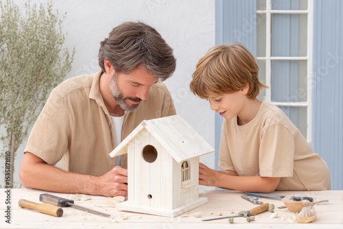 Father and Child Working Together on Building a Wooden Birdhouse in a Sunny Backyard During a Weekend Afternoon