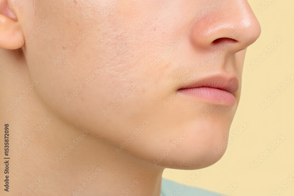 Obraz premium This Close-Up View Captures the Intricate Details of the Skin on a Cheek, Showcasing the Presence of Acne and Freckles Illuminated by Natural Light. The Image Highlights the Unique Textures