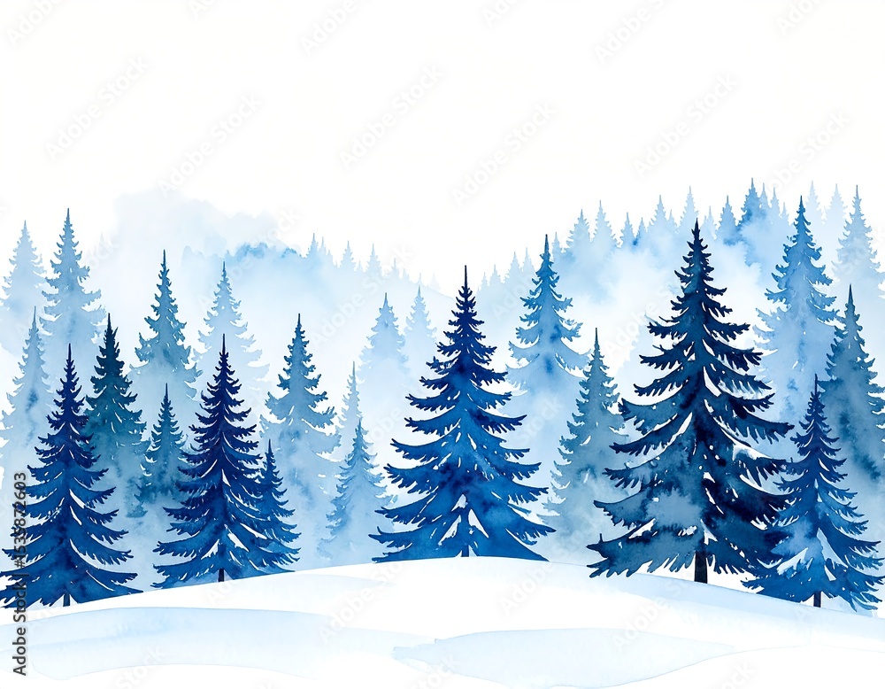 Fototapeta premium Winter forest watercolor landscape