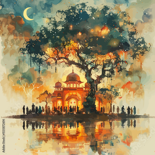 double exposure hari raya greeting card style muslims gathering