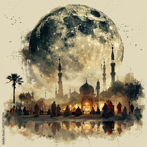 double exposure hari raya greeting card style muslims gathering