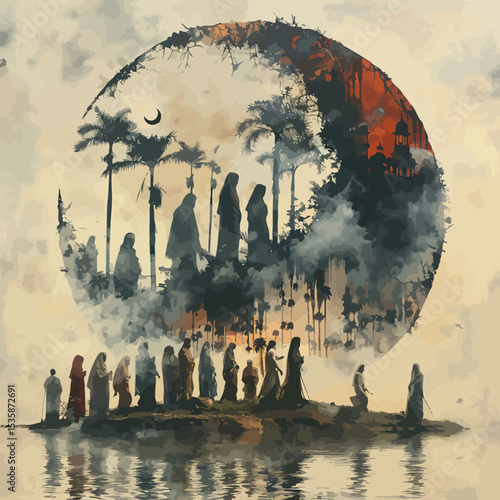 double exposure hari raya greeting card style muslims gathering