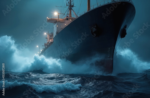 Large cargo ship sails through turbulent ocean waves at night. Vessel cuts through dark water creating powerful splash. Maritime transport, shipping at sea. Dramatic storm concept.