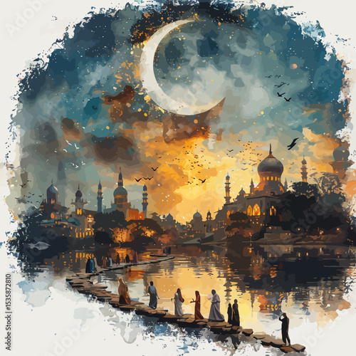 double exposure hari raya greeting card style muslims gathering