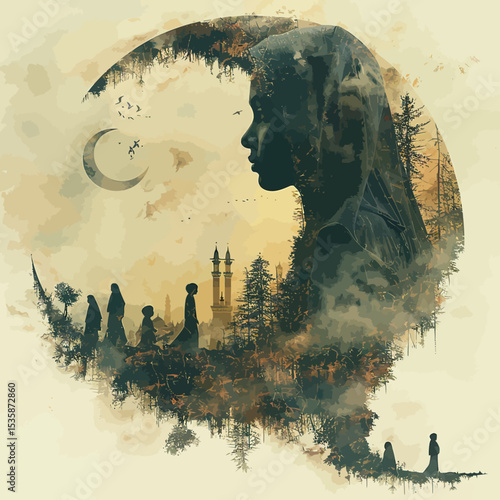double exposure hari raya greeting card style muslims gathering