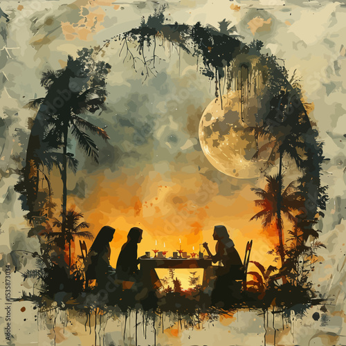 double exposure hari raya greeting card style muslims gathering