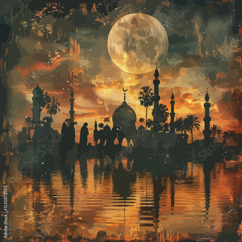 double exposure hari raya greeting card style muslims gathering