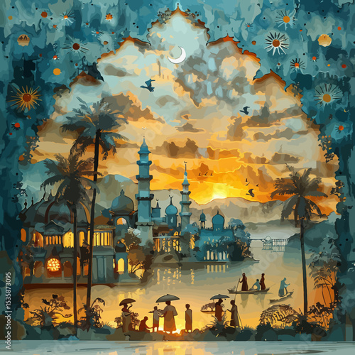 double exposure hari raya greeting card style muslims gathering