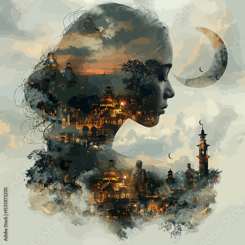 double exposure hari raya greeting card style muslims gathering