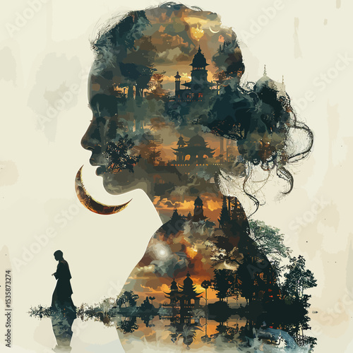 double exposure hari raya greeting card style muslims gathering
