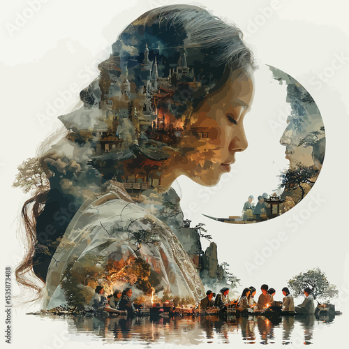 double exposure hari raya greeting card style muslims gathering