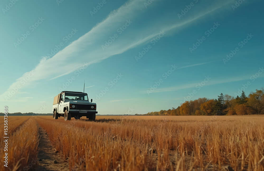 Fototapeta premium White retro SUV driving through wheat field, road trip, summer journey. Beautiful rural landscape, yellow crops harvest, blue sky with clouds, trees in background, countryside.