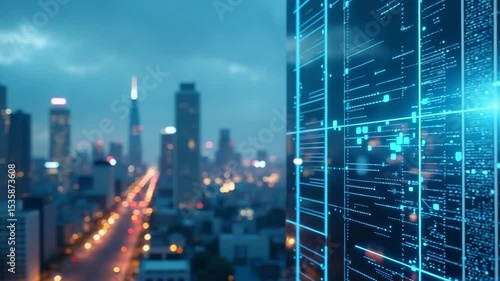 Futuristic city skyline at night with digital data interface overlay. Modern city buildings and skyscrapers illuminated at dusk.