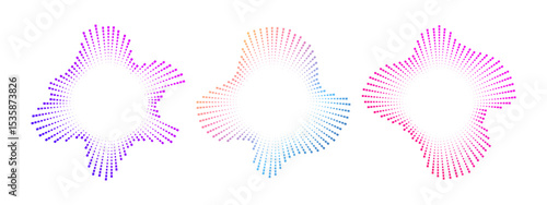 A set of circular multicolor burst ray equalizers . Radial sound, frequency sound neon waves . Pulsating music design element, voice graphic signal, circular waves . Vector radial spectrum.