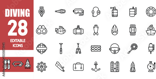 Diving icons editable vector set scuba diving snorkeling underwater adventure equipment marine life and travel