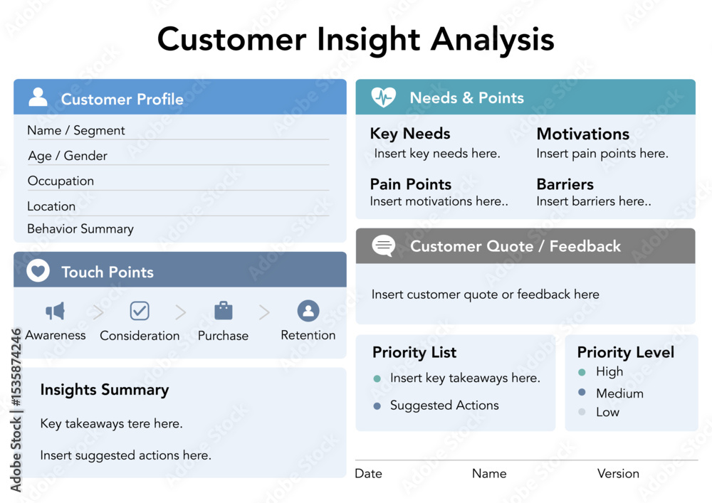 Fototapeta premium Customer Insights and UX Persona Infographic – Business Template for Marketing and Behavioral Analysis. 
