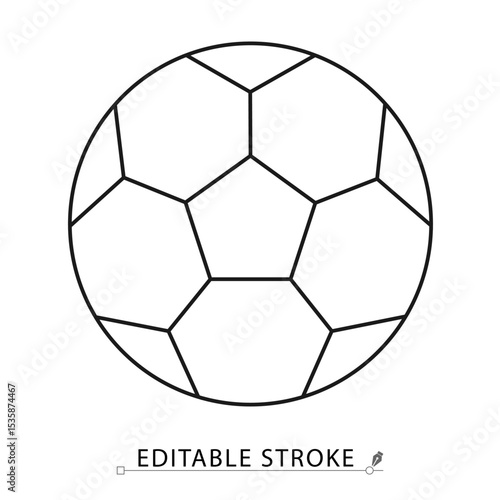 Soccer ball icon in minimal line style with editable stroke. Football symbol, sports equipment, ball element for athletic activity, game concept, physical training and competitive design visuals.