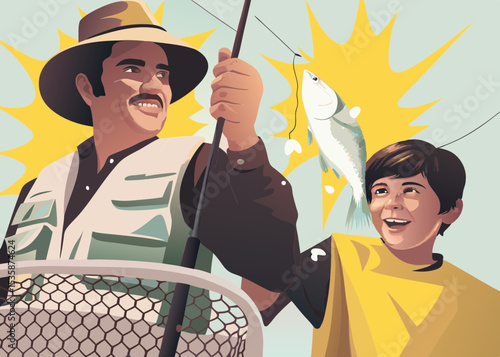 Happy father and son fishing together, for blogs and websites