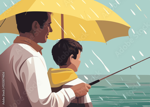 Father and son fishing in the rain, under a yellow umbrella, a moment of bonding, for family blogs