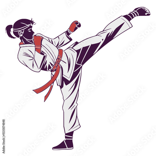 Dynamic illustration of a martial artist performing a high kick in a traditional outfit