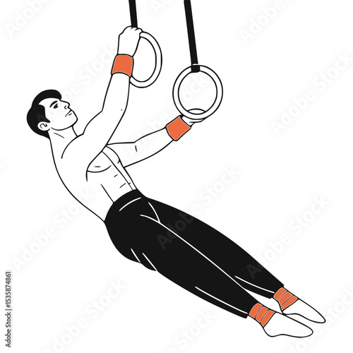Athletic illustration of a gymnast performing a move on rings with a focused expression