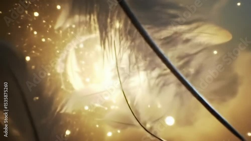 Ethereal drifting feathers glowing in golden light, swirling in soft mist, serene and dreamlike