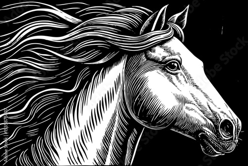 regal horse with flowing mane and calm eyes black and white sketch vector best for tattoo