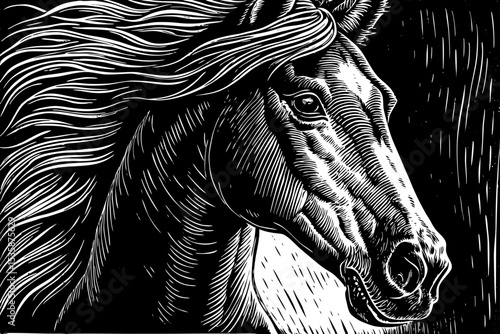 regal horse with flowing mane and calm eyes black and white sketch vector best for tattoo