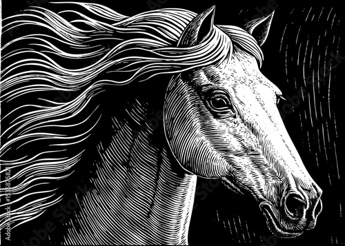 regal horse with flowing mane and calm eyes black and white sketch vector best for tattoo
