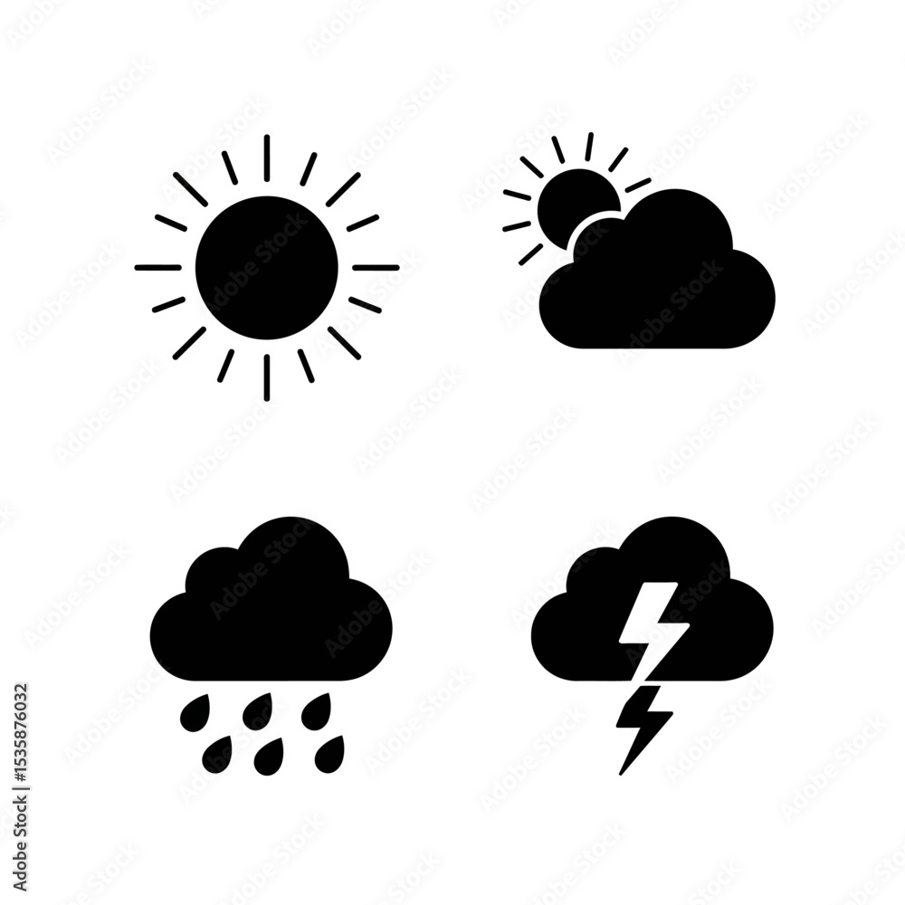 Weather Icons Sun, Clouds, Rain, and Lightning - Simple Glyph Set Weather Icons Sun, Clouds, Rain, and Lightning - Simple Glyph Set