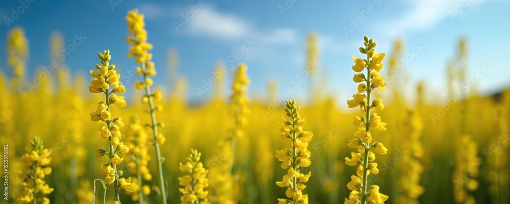Obraz premium Wide-angle view of rapeseed field. Yellow flowering plants with blue sky background. Agriculture, farming, oilseed crops, canola growing in countryside. Summer landscape.