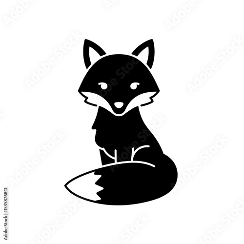 Black and white illustration of a sitting fox with a bushy tail  