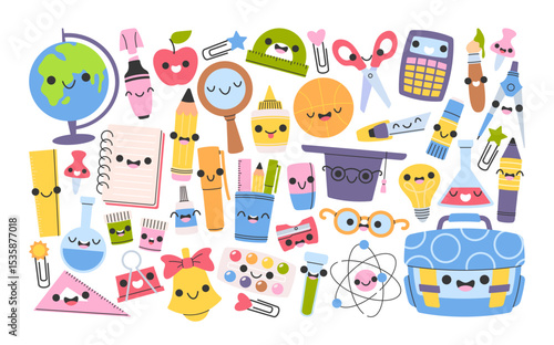 School supplies, writing stationery, education accessories kawaii cartoon characters isolated set