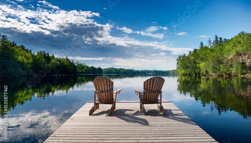 two adirondack chairs sit on a wooden dock overlooking a calm muskoka lake with fluffy clouds and lush green trees mirrored in the still water space for copy