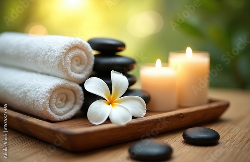Spa setting with white towels candles zen stones plumeria flower. Massage wellness treatment, relaxation, therapy. Wooden tray, aromatherapy. Ideal for health care, beauty salon, body care.