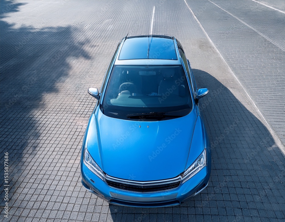 Fototapeta premium blue sedan car from above with sleek design modern aesthetics and clear windows ideal for urban and travel concepts in stock photography