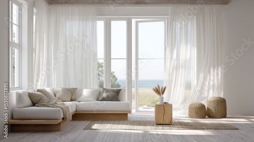 scandinavian summer living room, large windows wide open, white linen curtains flowing in breeze, light oak furniture, sunlit floor, soft natural textures