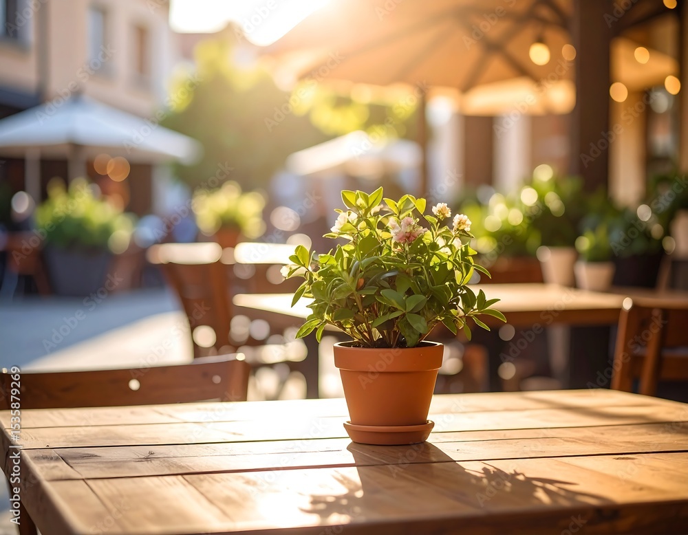 Outdoor cafe table with a small plant Outdoor cafe table with a small plant