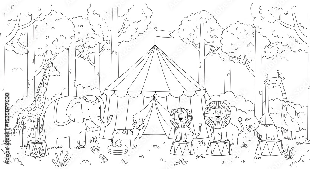 Fototapeta premium Enchanting Circus Coloring Page Animals Under the Big Top in Nature's Embrace