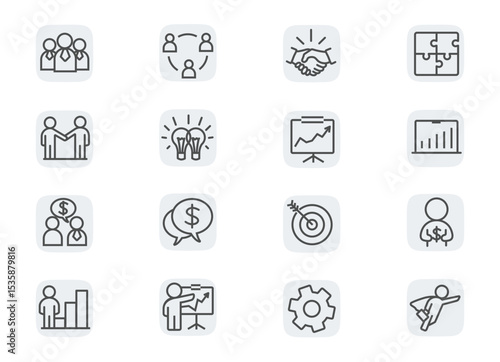 Synergy, deals and business success. Concept editable stroke outline icons set isolated on white background flat vector illustration. Pixel perfect